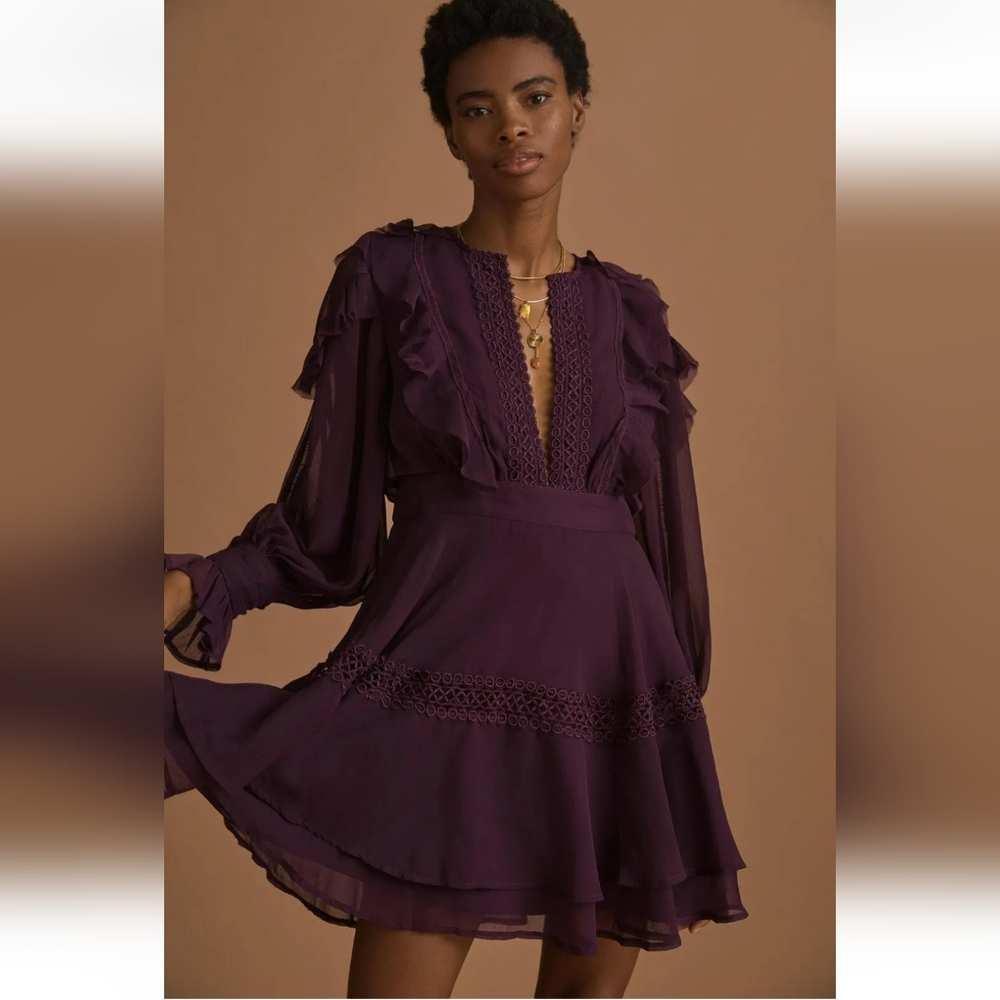 NWT Anthropologie Not So Serious Pallavi Mohan Plum Purple Ruffled Mini Dress